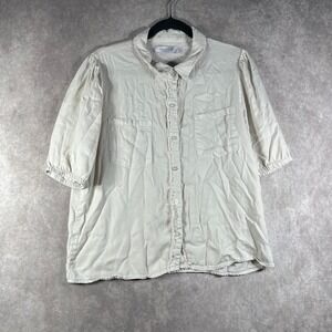 Billy T Top Womens Large Off White Button Up Frayed Hem Puff Sleeve Boho Casual‎